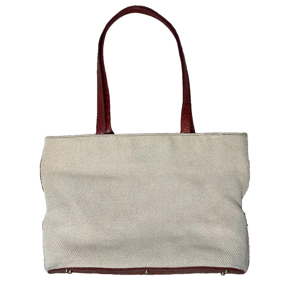 Brahmin Vintage Natural Canvas Fabric Croc Red Leather Tote Shoulder Bag Medium - Picture 3 of 9